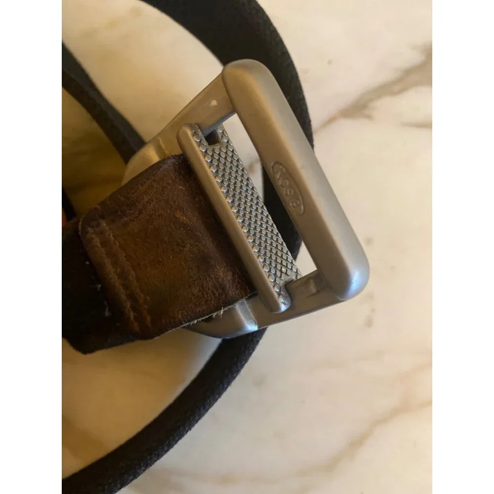 Bison Made Mens Black Nylon & Brown Leather Adjustable Belt‎ With Metal Buckle
